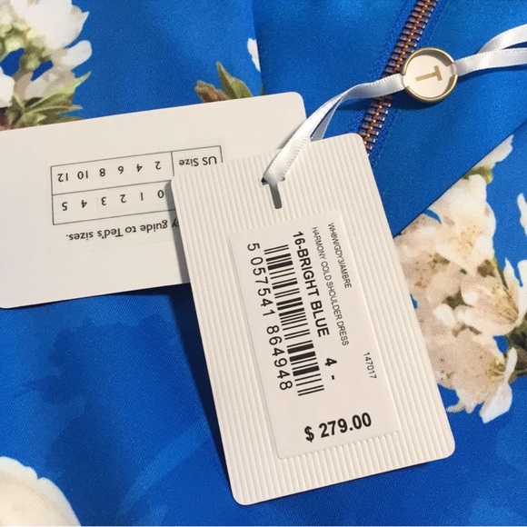 NWOT- Ted Baker Blue Floral Cold-Shoulder Dress Size 5 (10/12) - Picture 11 of 12